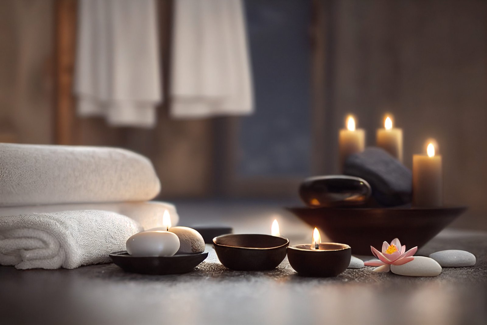 Composition with spa soft towels, candles, black hot stones and lotus flowers on a wooden white floor, close view, spa concept, romantic cozy